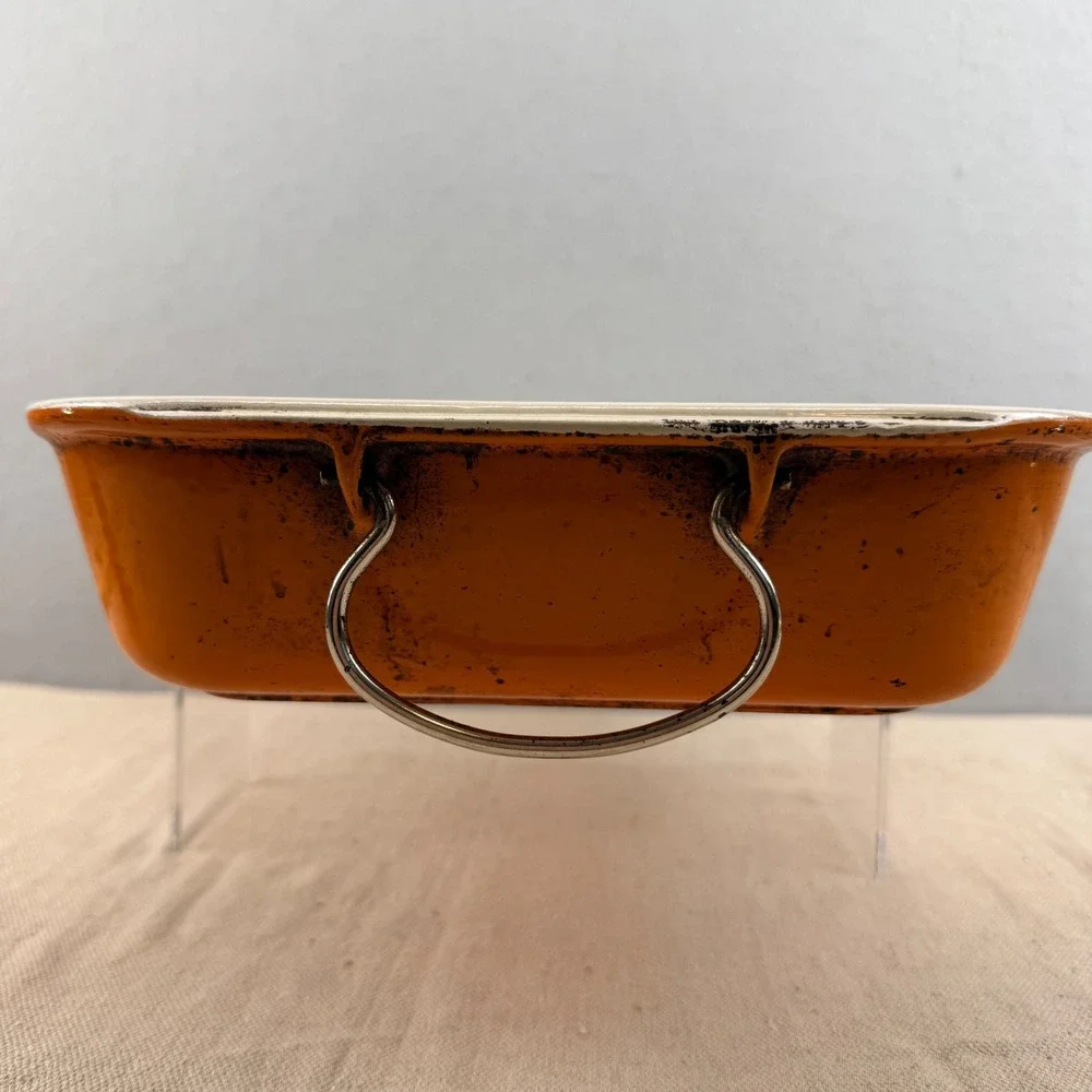 Vintage Le Creuset Flame Orange 15x10 Roasting Pan Folding Handles HTF France‎
